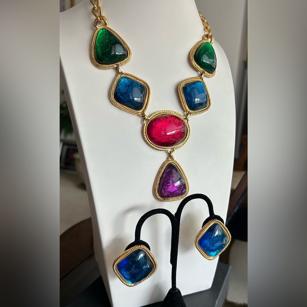 Vintage KJL for Avon Caprianti Multi Color 18" Drop Necklace Clip Earring Set